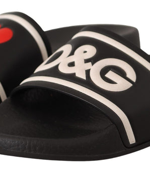 Dolce & Gabbana Black Leather I Love D&G Slides Sandals