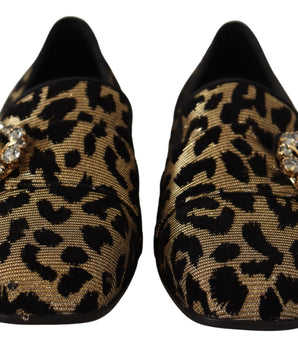 Dolce & Gabbana Gold Leopard Print Crystals Loafers Shoes