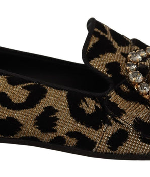 Dolce & Gabbana Gold Leopard Print Crystals Loafers Shoes