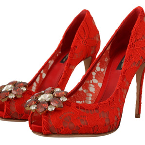 Dolce &amp; Gabbana Red Crystal Taormina Lace Heels Pumps