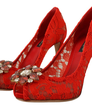 Dolce & Gabbana Red Taormina Lace Crystal Heels Pumps
