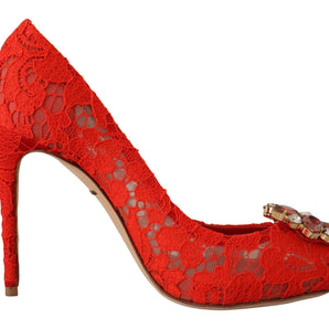 Dolce &amp; Gabbana Red Crystal Taormina Lace Heels Pumps