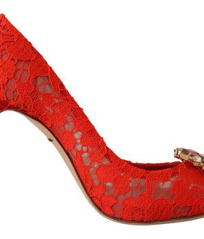 Dolce & Gabbana Red Taormina Lace Crystal Heels Pumps