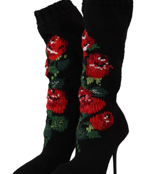 Dolce & Gabbana Black Stretch Socks Red Roses Booties Shoes