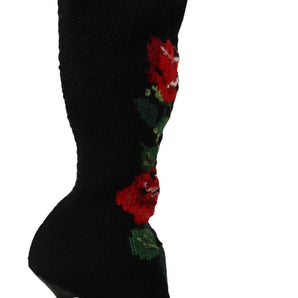 Dolce &amp; Gabbana Elegant Sock Boots with Red Roses Detail