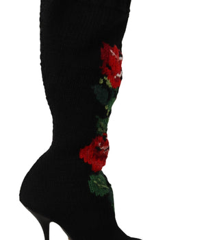 Dolce & Gabbana Black Stretch Socks Red Roses Booties Shoes