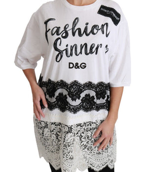 Dolce &amp; Gabbana White Fashion Sinner Cotton Lace T-Shirt Top