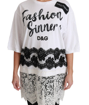 Dolce &amp; Gabbana White Fashion Sinner Cotton Lace T-Shirt Top