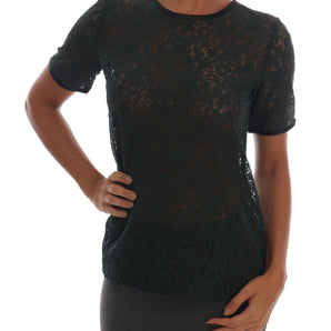 Dolce &amp; Gabbana Dark Green Floral Lace Short Sleeve Blouse