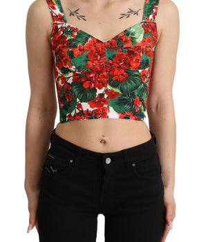 Dolce & Gabbana Red Geranium Print Viscose Sweetheart Cropped Top