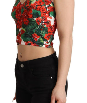 Dolce & Gabbana Red Geranium Print Viscose Sweetheart Cropped Top