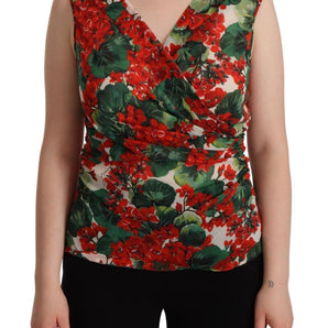 Dolce & Gabbana Elegant V-Neck Geranium Print Silk Tank Top