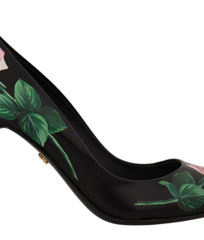 Tacones elegantes de piel con estampado de rosas negras de Dolce &amp; Gabbana
