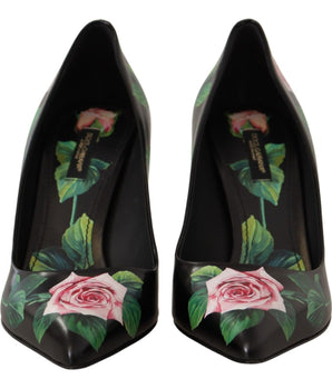 Tacones elegantes de piel con estampado de rosas negras de Dolce &amp; Gabbana