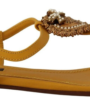 Dolce &amp; Gabbana Mustard T-Strap Flat Sandals with Heart Embellishment