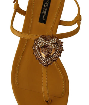 Dolce &amp; Gabbana Mustard T-Strap Flat Sandals with Heart Embellishment