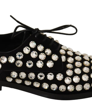 Dolce & Gabbana Black Leather Crystals Lace Up Formal Shoes