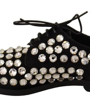 Dolce & Gabbana Black Leather Crystals Lace Up Formal Shoes