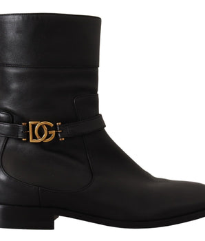 Dolce & Gabbana Black Leather Flats Logo Short Boots Shoes