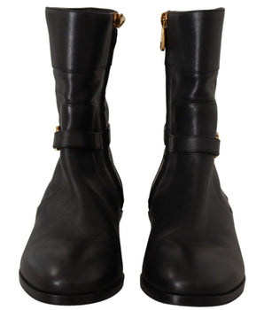 Dolce & Gabbana Black Leather Flats Logo Short Boots Shoes