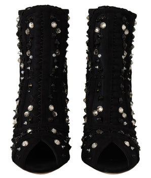 Dolce & Gabbana Black Crystals Heels Zipper Short Boots Shoes