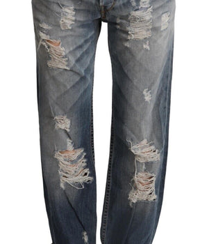 Acht Blue Tattered Mid Waist Straight Denim Cotton Jeans