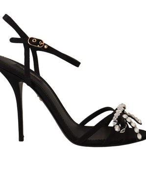 Dolce &amp; Gabbana Black Crystals Ankle Strap Heel Sandals Shoes