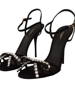 Dolce &amp; Gabbana Black Crystals Ankle Strap Heel Sandals Shoes
