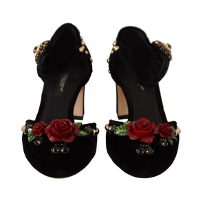 Dolce & Gabbana Black Crystal Rose Heel Sandals