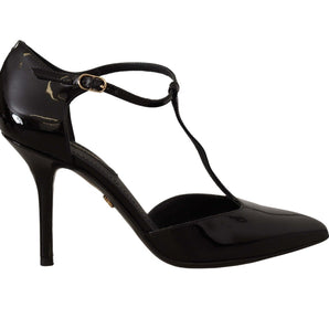 Dolce & Gabbana Elegant Black Leather T-Strap Heels Sandals