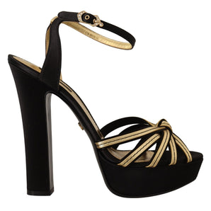 Dolce &amp; Gabbana Elegant Black Gold Ankle Strap Heels Sandals