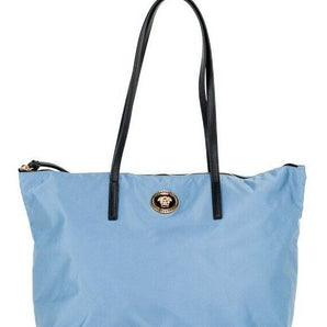 Versace Portuna Medusa Medium Cornflower Blue Nylon Leather Tote Bag Purse