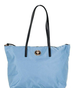 Versace Portuna Medusa Medium Cornflower Blue Nylon Leather Tote Bag Purse