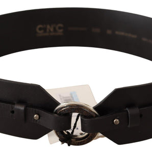 Custom National Black Leather Silver Round Buckle Belt