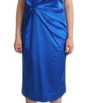 P.A.R.O.S.H. Blue Acetate Sleeveless Pleated Midi Sheath Dress