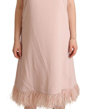 P.A.R.O.S.H. Pink Polyester Sleeveless Midi Feather Shift Dress
