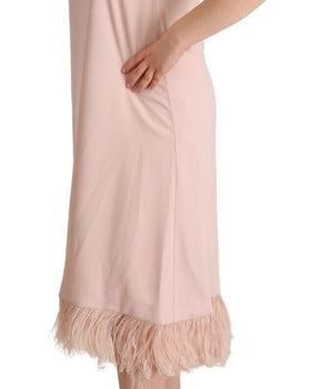 P.A.R.O.S.H. Pink Polyester Sleeveless Midi Feather Shift Dress