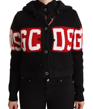 GCDS Black Cashmere Hooded Button Down Logo Cardigan Jacket