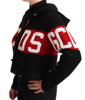 GCDS Black Cashmere Hooded Button Down Logo Cardigan Jacket