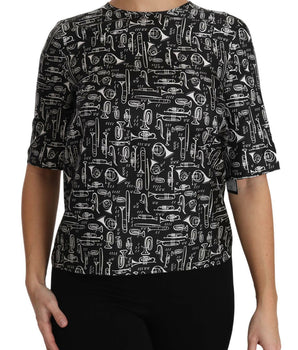 Dolce & Gabbana Black Musical Instruments Print Silk Blouse