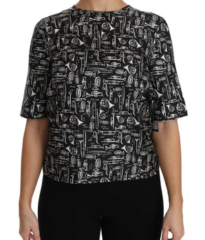 Dolce & Gabbana Black Musical Instruments Print Silk Blouse