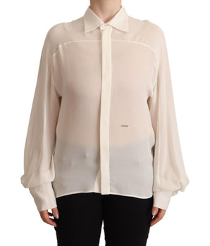 Dsquared² Off White Silk Long Sleeves Collared Blouse Top