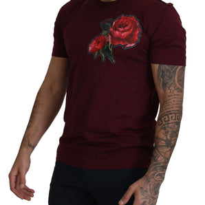 Dolce &amp; Gabbana Elegant Bordeaux Roses Motif Crewneck Tee