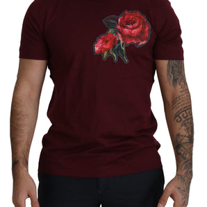 Dolce &amp; Gabbana Elegant Bordeaux Roses Motif Crewneck Tee