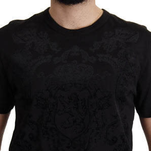 Dolce &amp; Gabbana Elegante camiseta negra barroca con cuello redondo