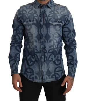 Dolce & Gabbana Blue Denim Stretch DG Logo Casual Mens Slim Shirt