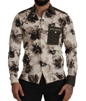 Dolce & Gabbana Green Beige Floral Cotton Stretch Exclusive Shirt