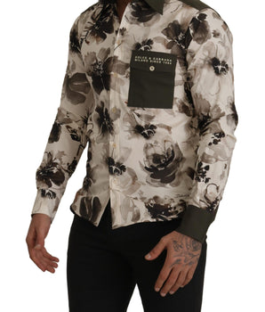 Dolce & Gabbana Green Beige Floral Cotton Stretch Exclusive Shirt
