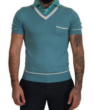 Dolce & Gabbana Blue Silk Polo Top Mens V-neck  T-shirt