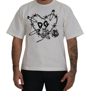 Dolce &amp; Gabbana Elegant White Heart Roses Crewneck Tee